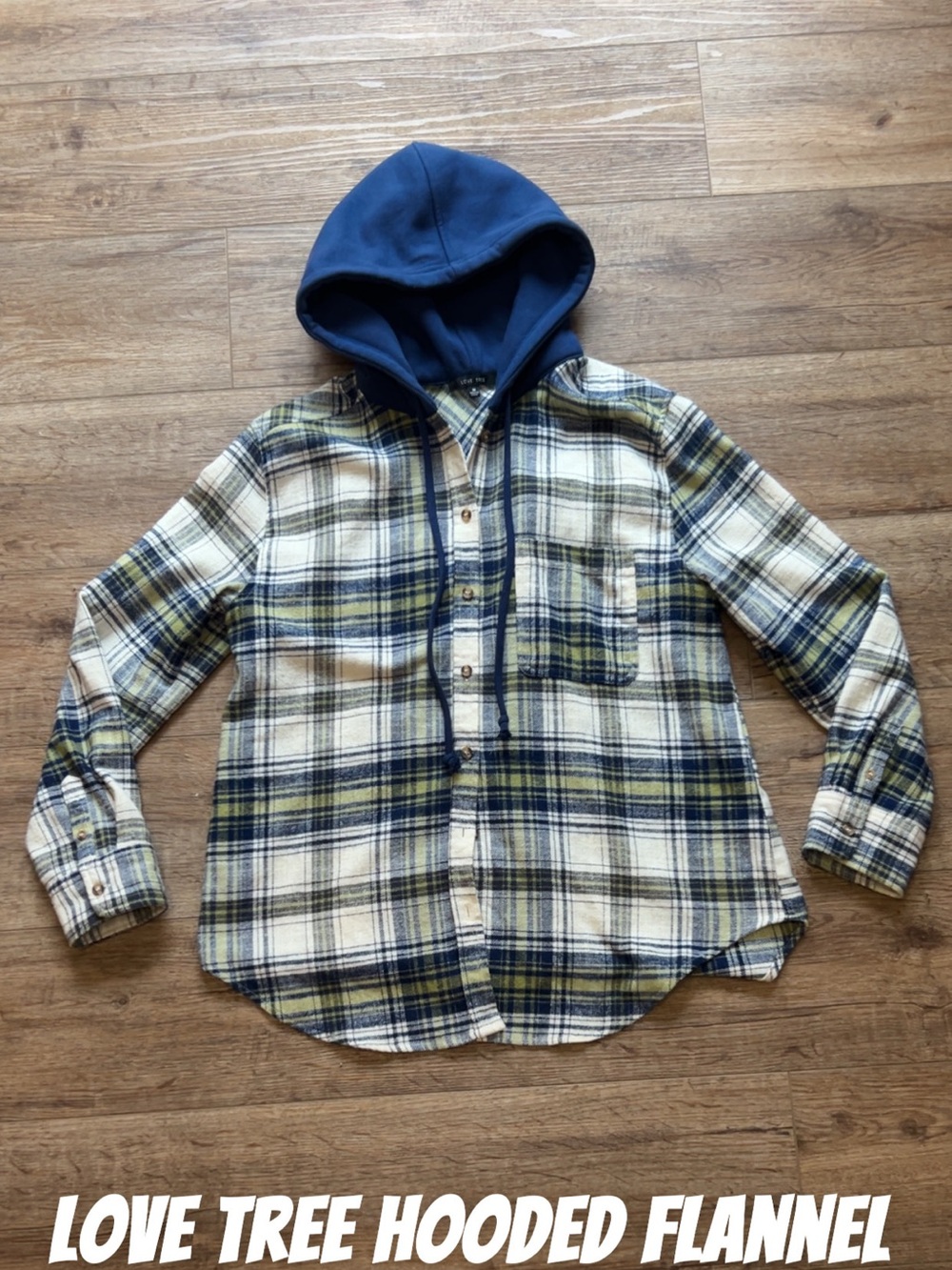 Love Tree Navy, Cream & Olive Hooded Plaid Flannel